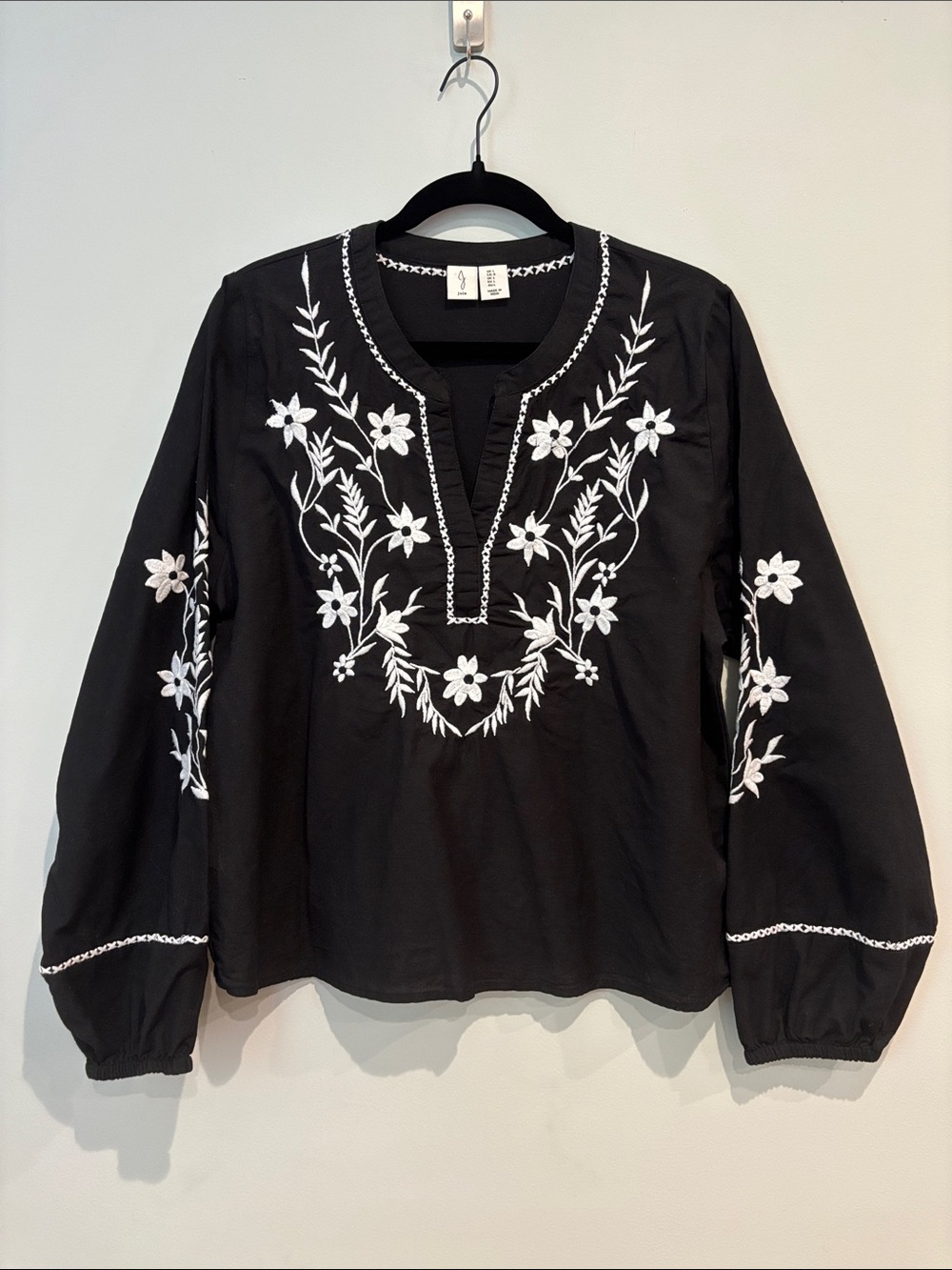 Joie Black Blouse with White Floral Embroidery Accents